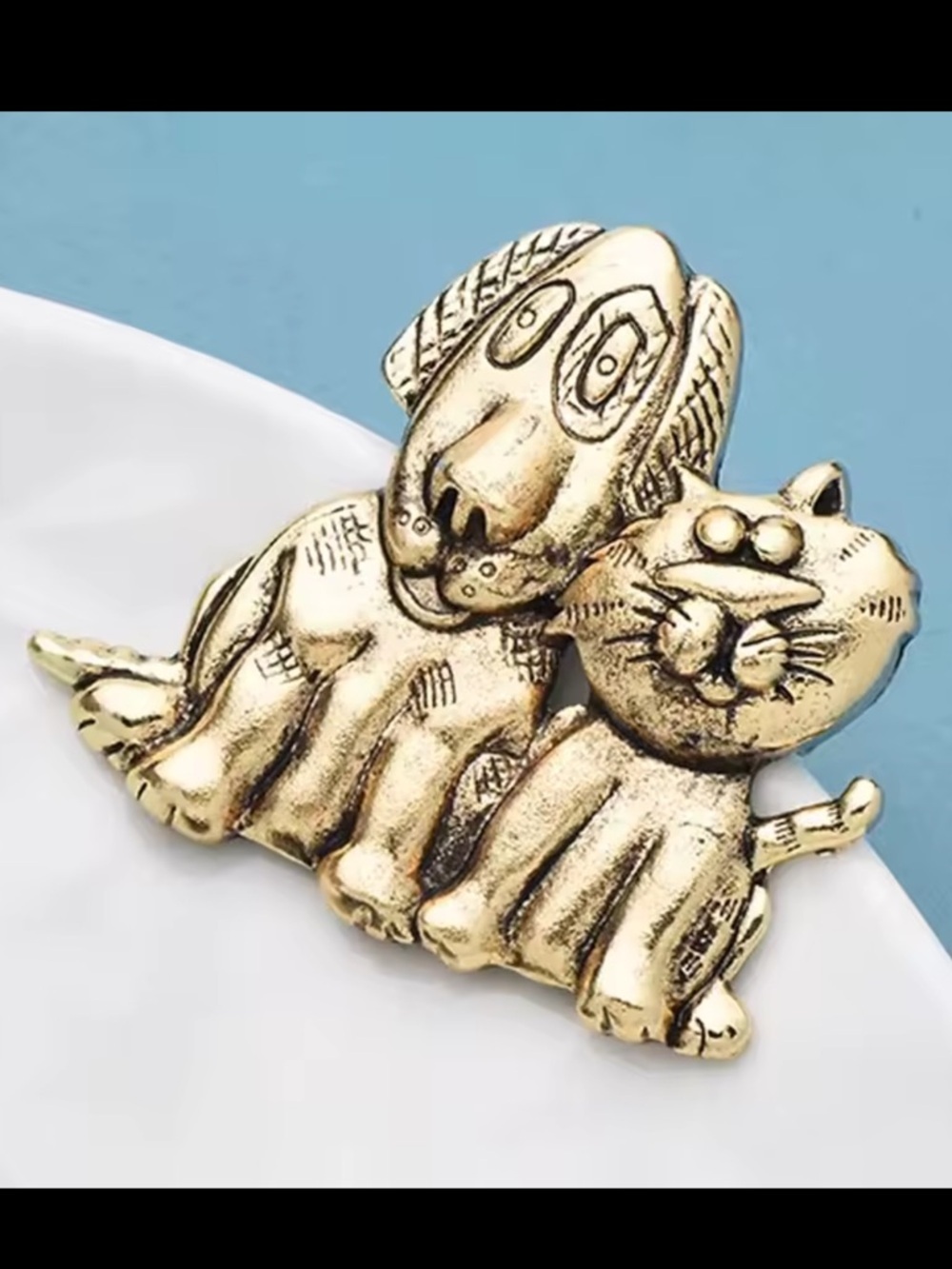 Vintage Gold Dog & Cat Whimsical Brooch - Picture 7 of 8